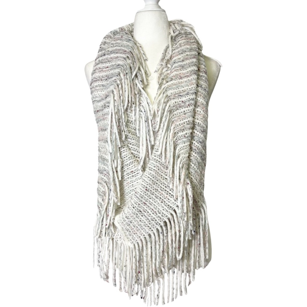 Infinity Scarf Stripes Beige Knited Fringe Bohemian Oversized Wrap - Picture 1 of 14